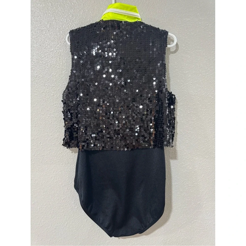 Weissman Black Sequin Neon Yellow Mock Neck Dance Leotard Girls Size MC